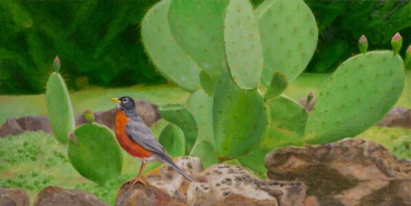 Best Spring Landscape – Jim Richards - Blossoming Prickly Pear and Robin - 10 x 20 x 0.25 - $800