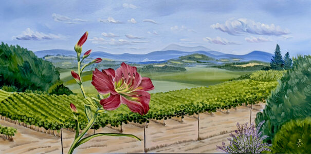Diane Trevett - Chemeketa Wine Cellars View with Red Lily