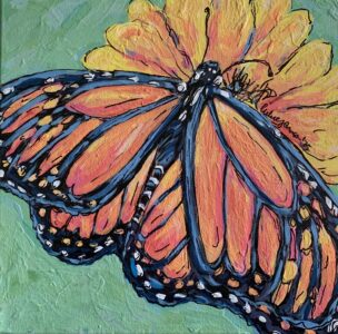 Cathie Johnson - Monarch in the Zinnias - 12x12 - $300