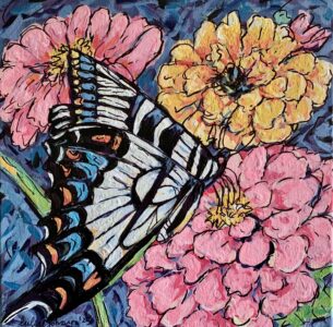 Cathie Johnson - Swallowtail in the Zinnias - 12x12 - $300