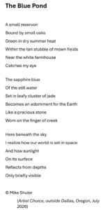 Michael Shuler, 'The Blue Pond', Poem